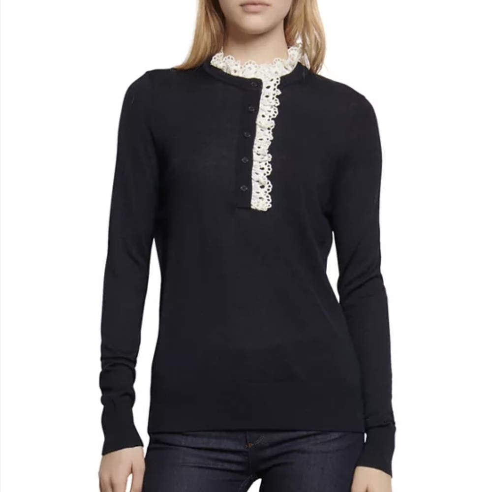 Sandro Black Sweater with Ivory Lace Accent